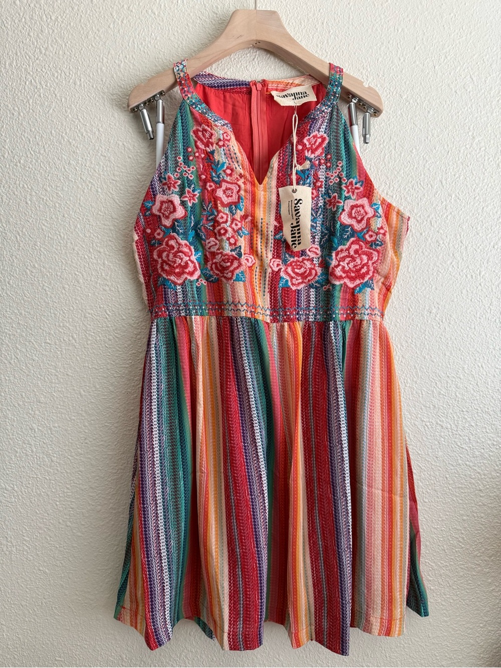 Savanna Jane Multicolor Floral Embroidered Stripe Midi Dress - Red, Teal, Yellow